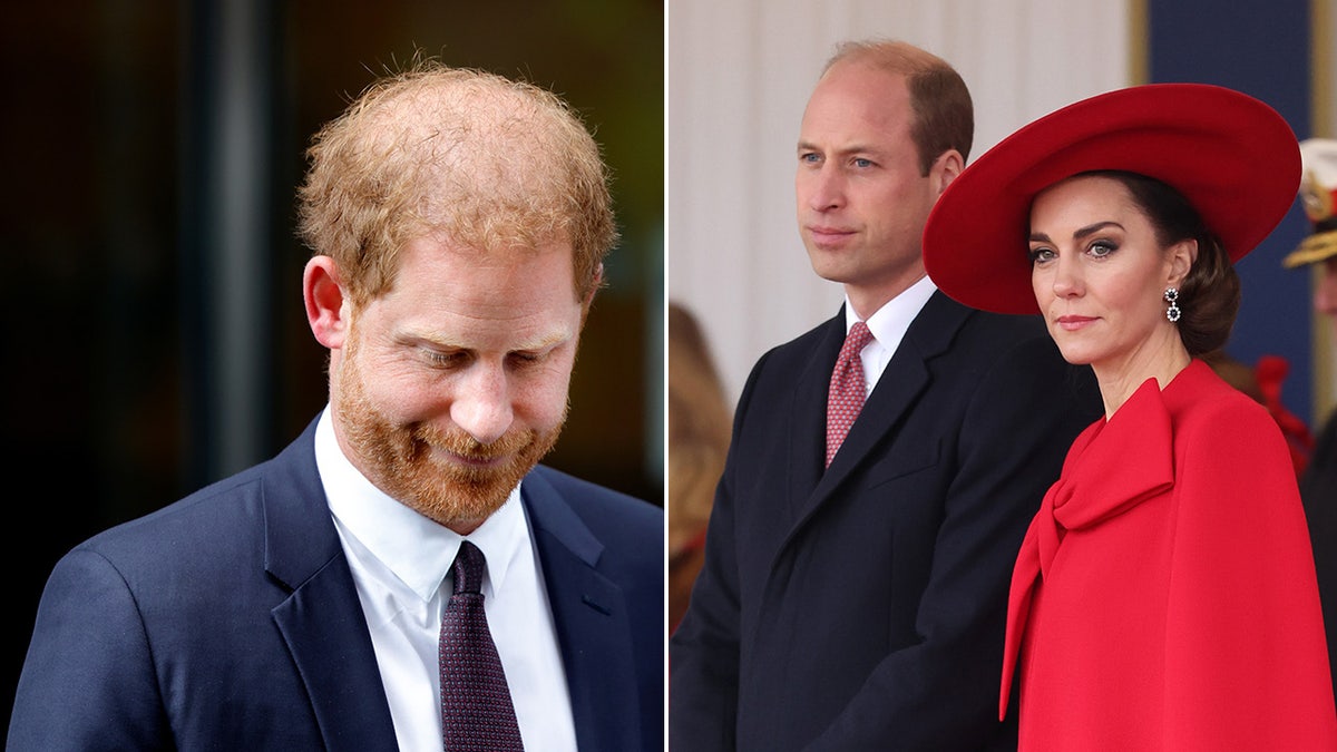A split side-by-side photo of Prince Harry looking down and Prince William and Kate Middleton looking stern.