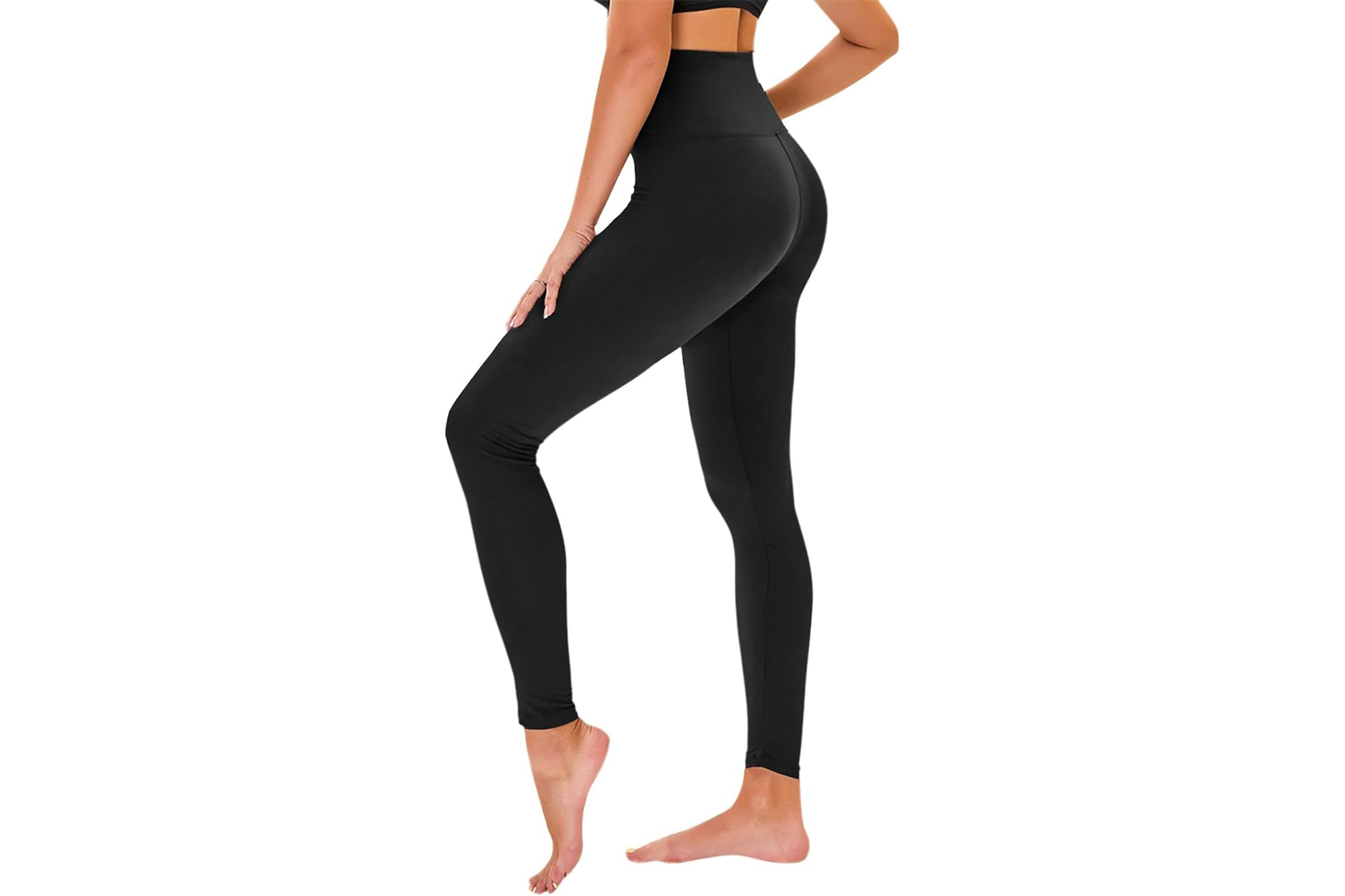 A model in black leggings