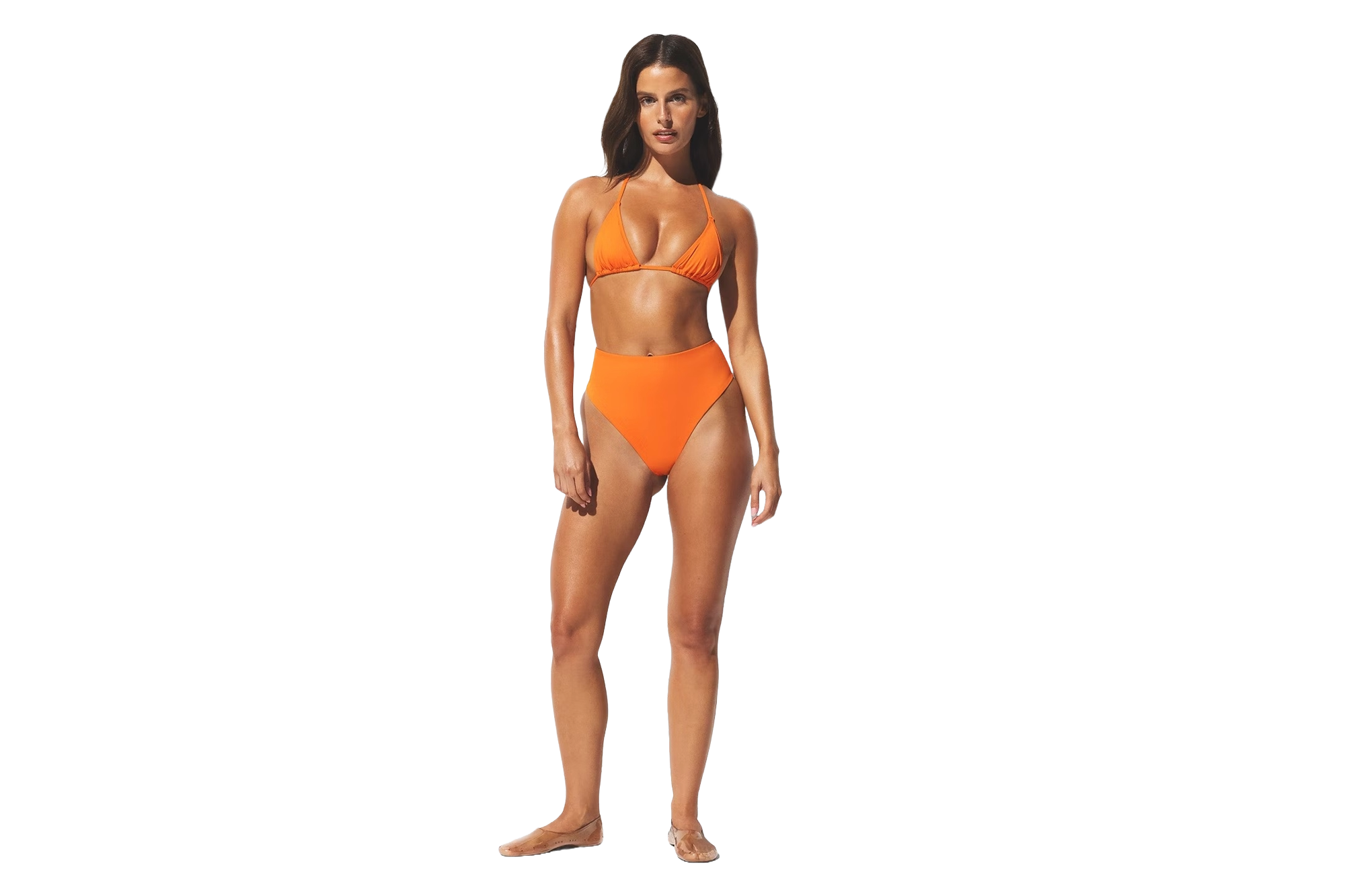 A model in an orange bikini