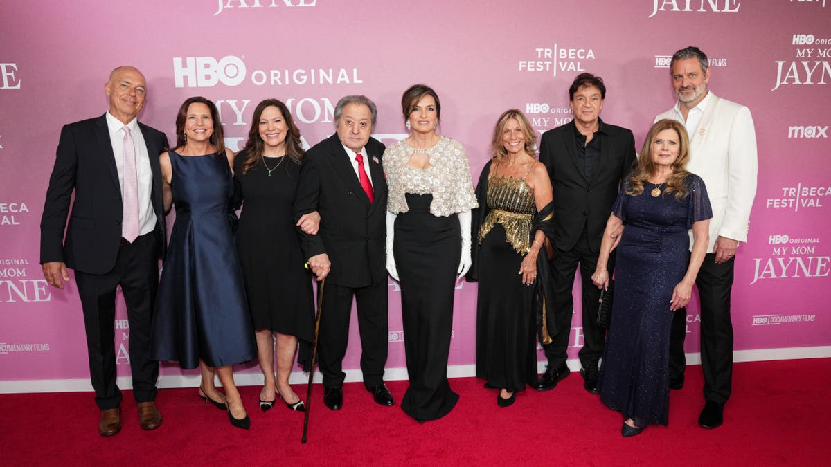 Mickey Hargitay Jr., guests, Nelson Sardelli, Mariska Hargitay, Ellen Hargitay, Zoltan Hargitay, Peter Hermann and Jayne Marie Mansfield attend the "My Mom Jayne: A Film By Mariska Hargitay" premiere during the 2025 Tribeca Festival at Carnegie Hall on June 13, 2025 in New York City.