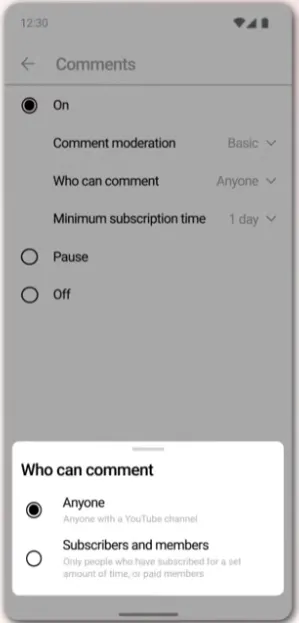 YouTube comment controls