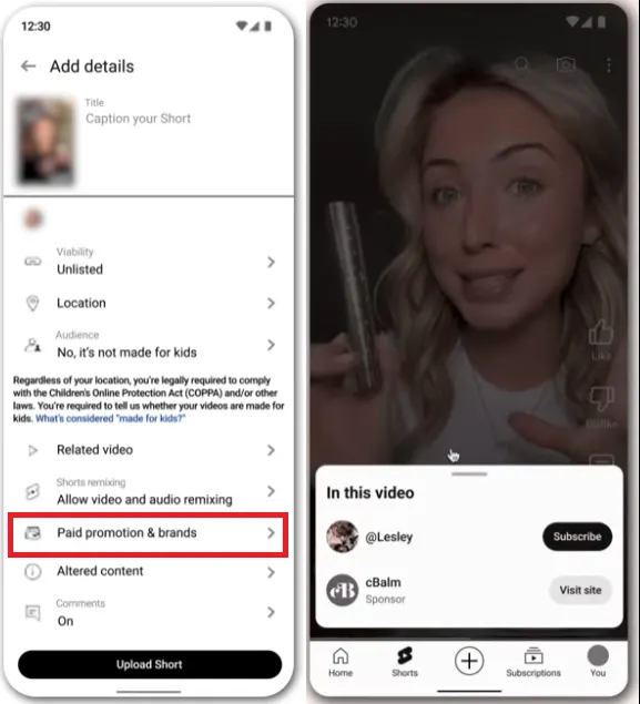 YouTube branded content controls