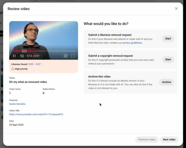 YouTube likeness detection