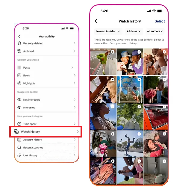 Instagran watch history