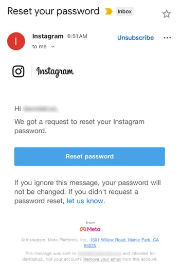 Instagram password reset example