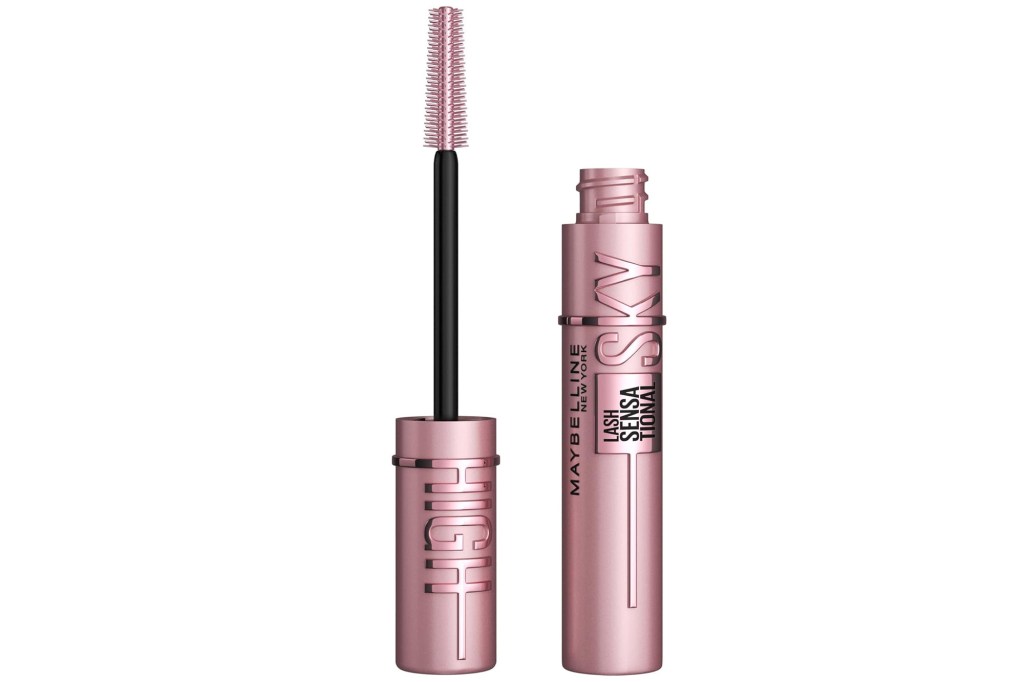 Maybelline Lash Sensational Sky High mascara in a rose gold tube with the brush out.