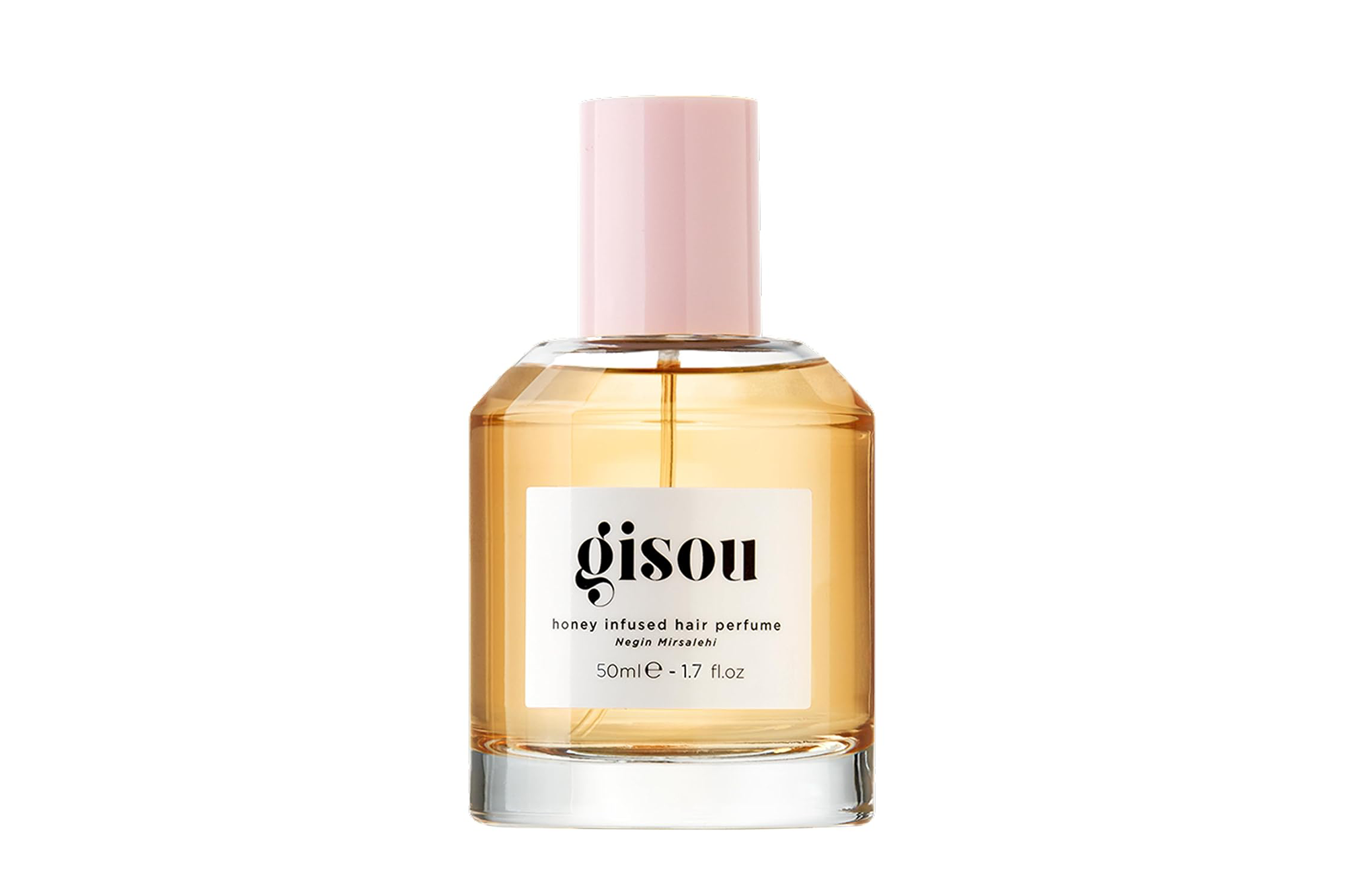 Gisou Honey Infused Hair Perfume in a clear glass bottle with a light pink cap.