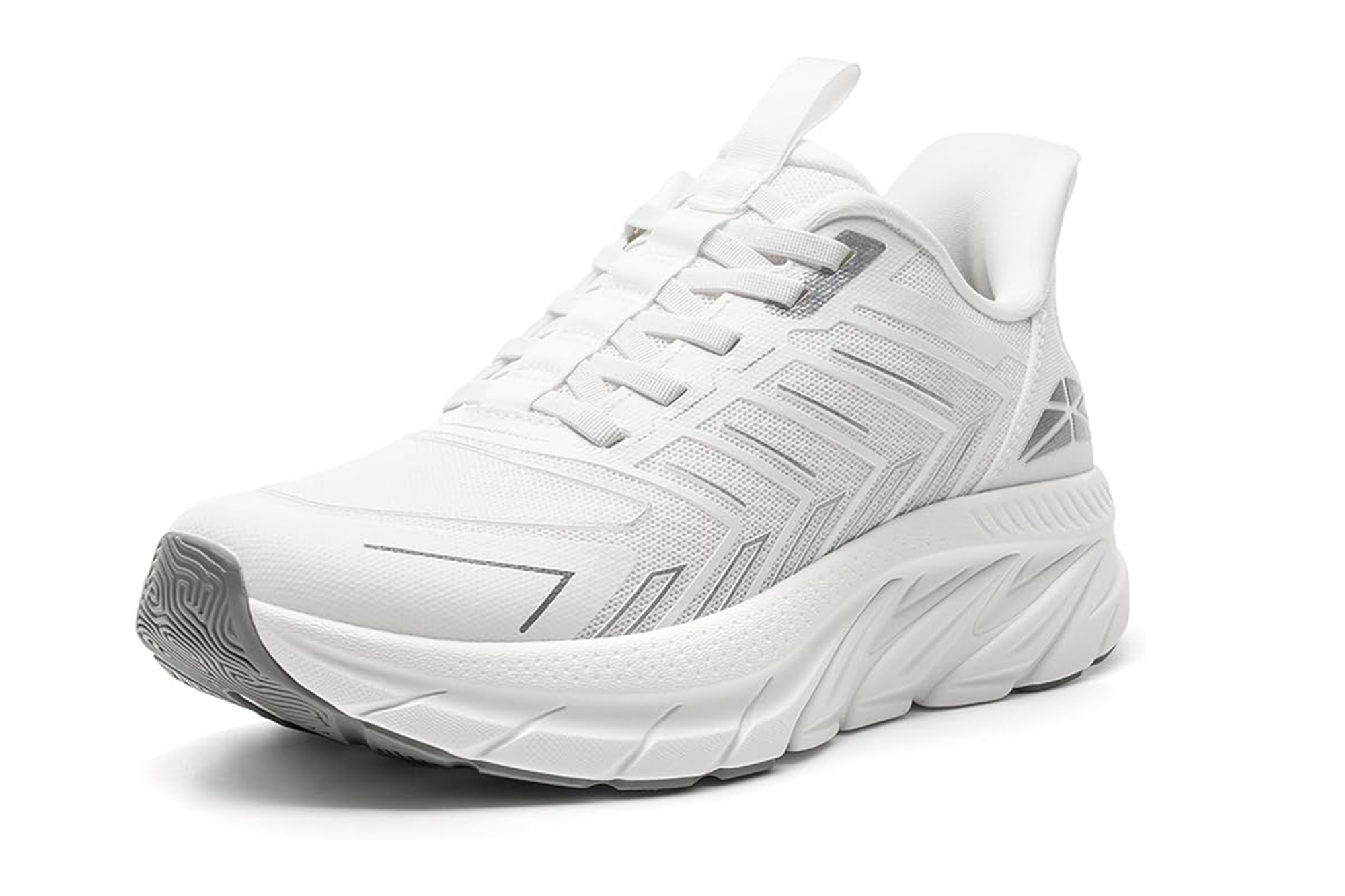 White athletic shoe with a thick sole and gray accents.