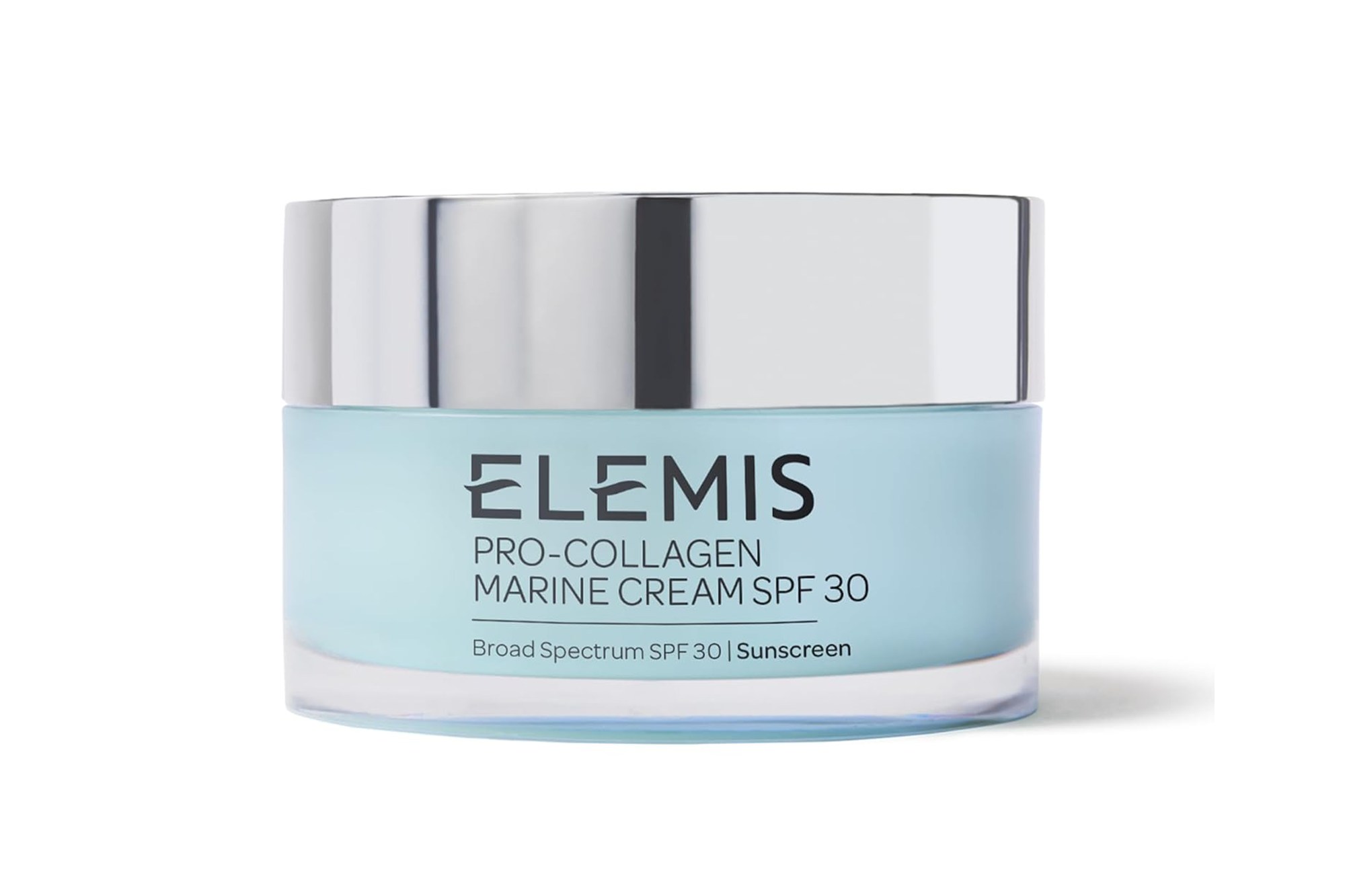 Elemis Pro-Collagen Marine Cream SPF 30, Broad Spectrum Sunscreen in a light blue jar with a silver lid.