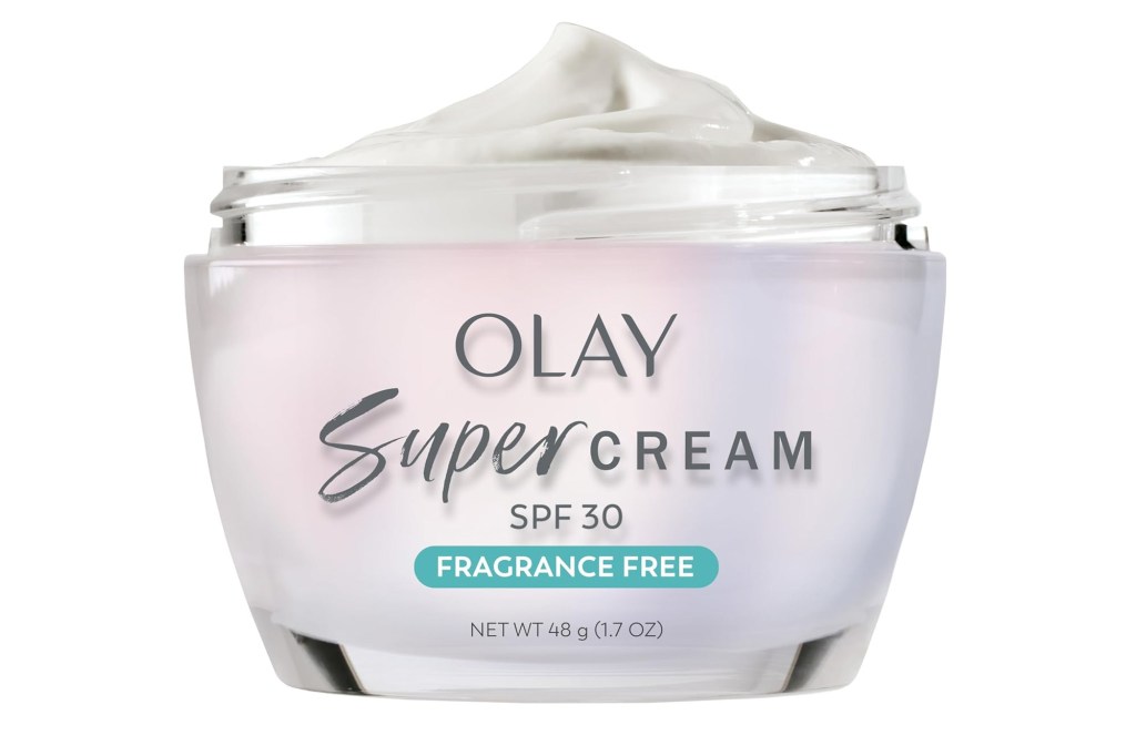 Olay Super Cream SPF 30 Fragrance Free in a jar with the lid off.