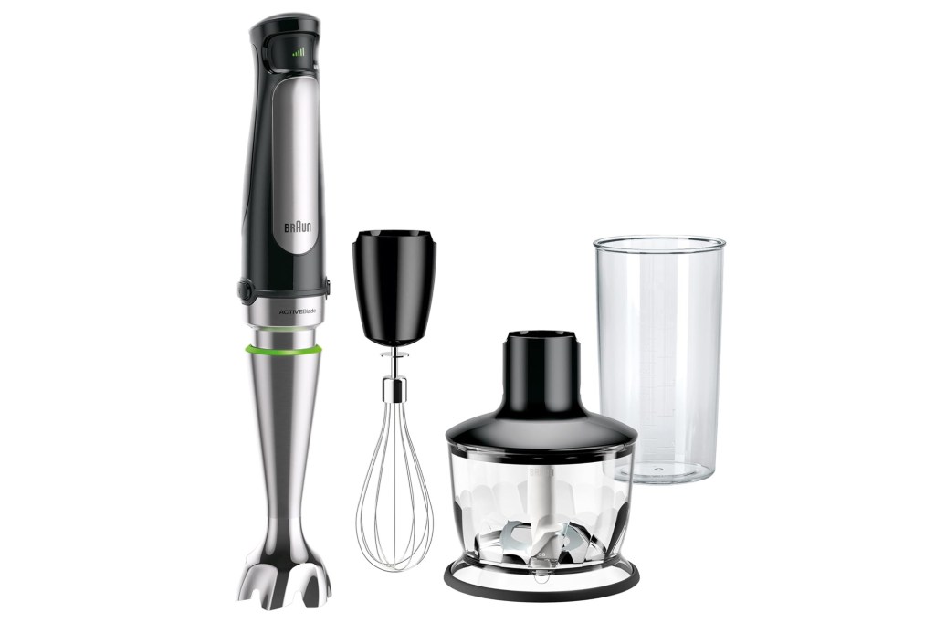 Braun immersion blender with whisk attachment, chopper, and measuring cup.