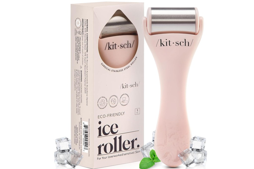 Kitsch Recycled Plastic Ice Roller in Terracotta, shown with its packaging, ice cubes, and a mint leaf.