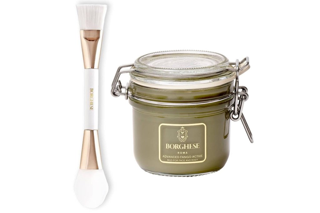 Borghese Advanced Fango Active Mud for Face and Body, alongside a double-sided applicator brush.