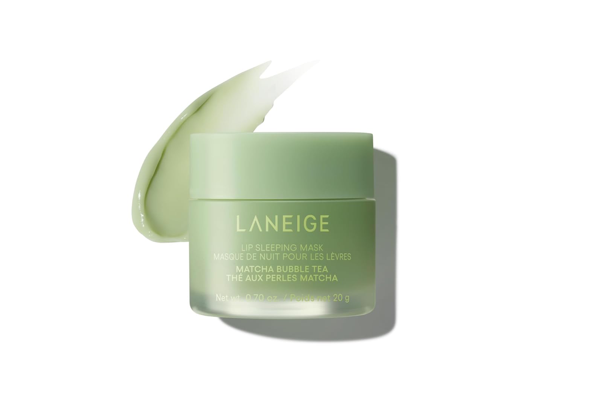 Laneige Lip Sleeping Mask in Matcha Bubble Tea flavor, with a dab of the green mask product.