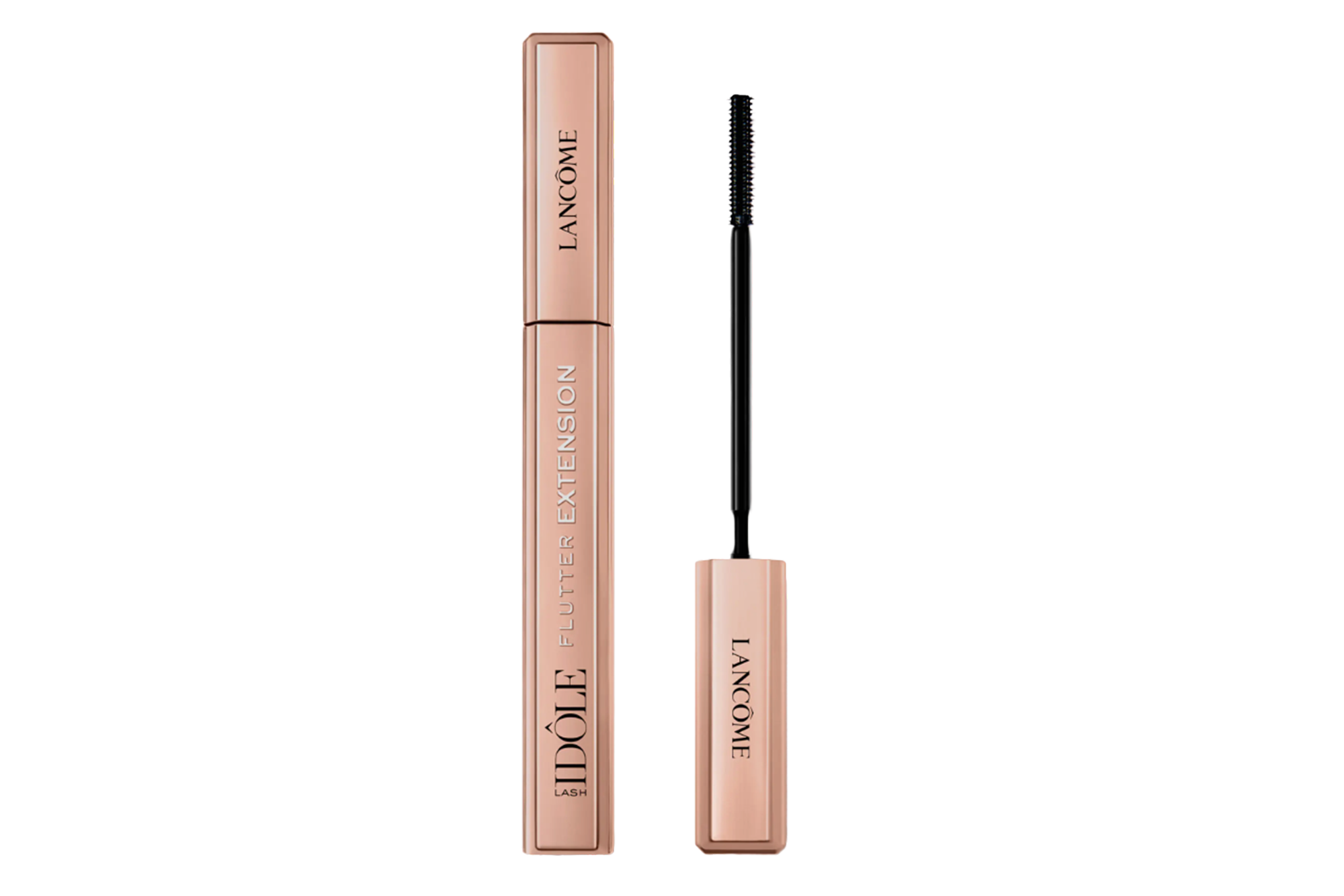 Lancôme Idôle Lash Flutter Extension Mascara in a rose gold tube with the brush extended.