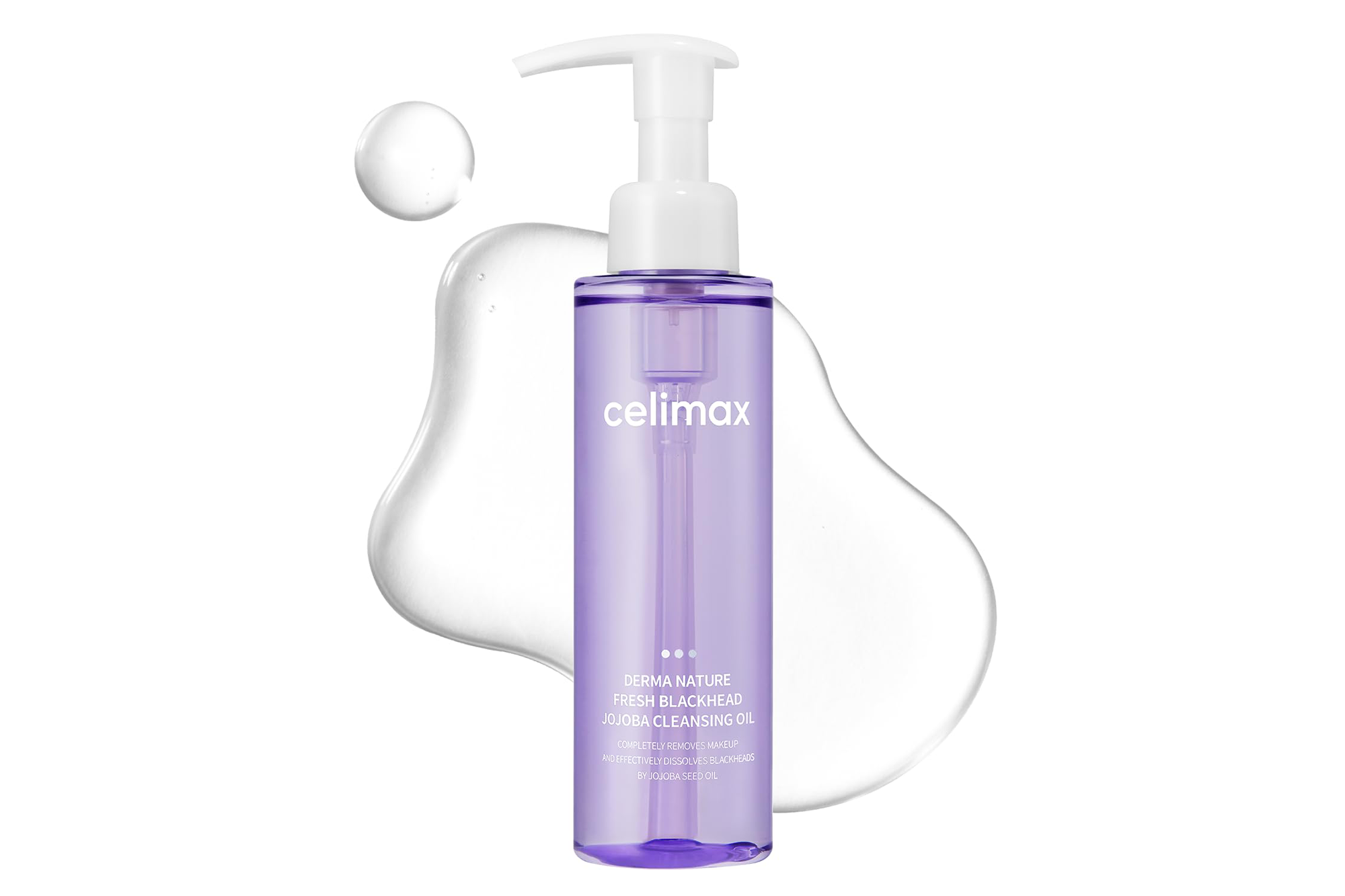 Celimax Derma Nature Fresh Blackhead Jojoba Cleansing Oil in a purple pump bottle.