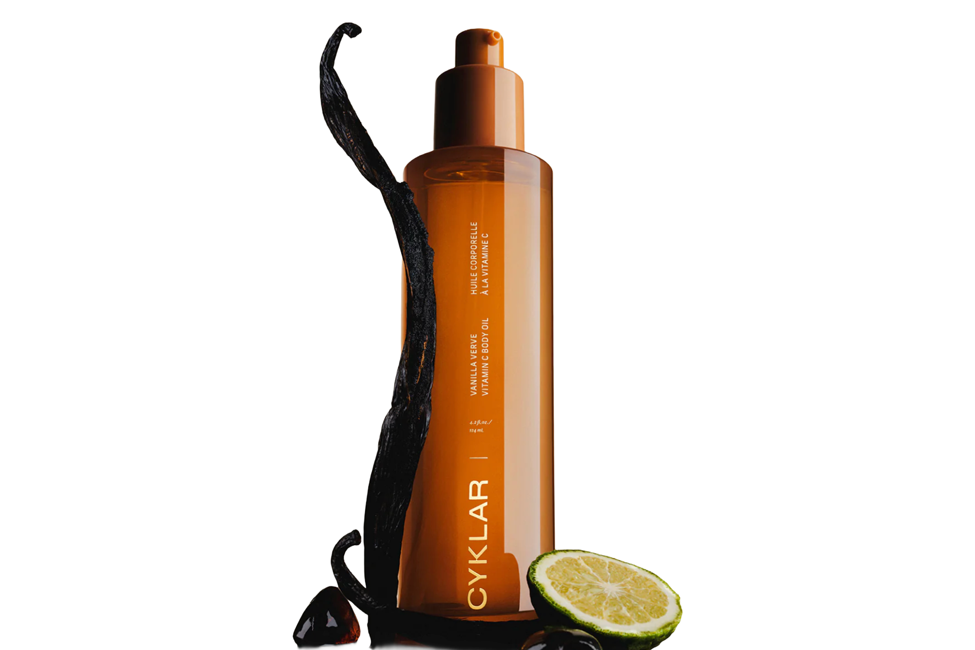 Cyklar Vanilla Verve Vitamin C Body Oil bottle with vanilla beans and lime.