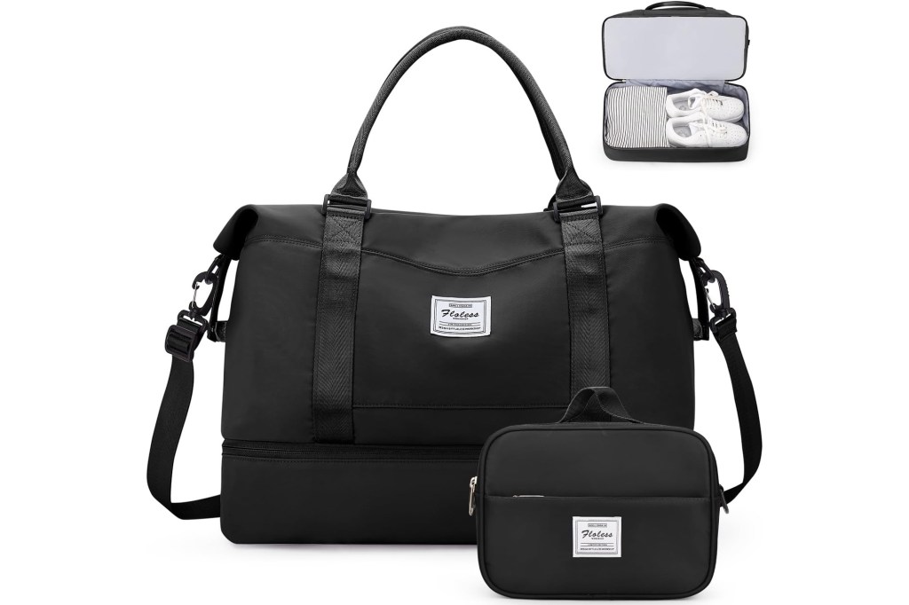 Black duffle bag and smaller matching bag, with the duffle bag shown open with shoes and clothes inside.