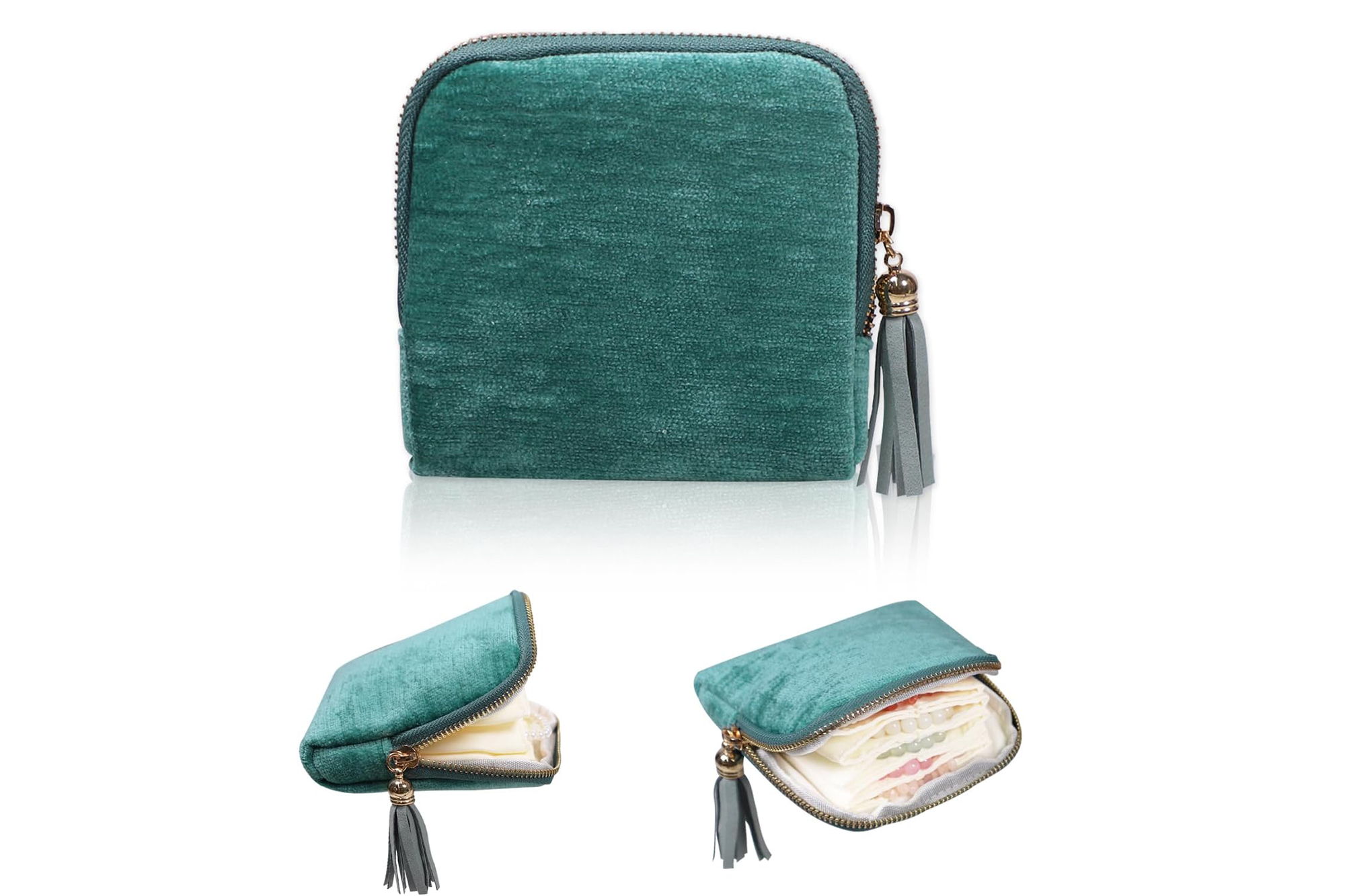 Collage of a closed velvet teal jewelry case with tassel and two views of the case open and filled with jewelry.