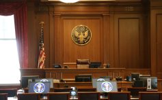 NEW YORK, NEW YORK - JUNE 06: View of the judge's bench from the audience inside a federal courtroom similar to the room where the Sean Combs sex trafficking trial is being held in Federal District Court in Manhattan on June 6, 2025 in New York City. (Photo by Jefferson Siegel-Pool/Getty Images)