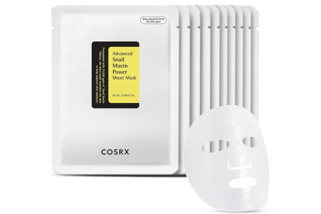 Cosrx Advanced Snail Mucin Power Sheet Mask set with one mask unfurled.