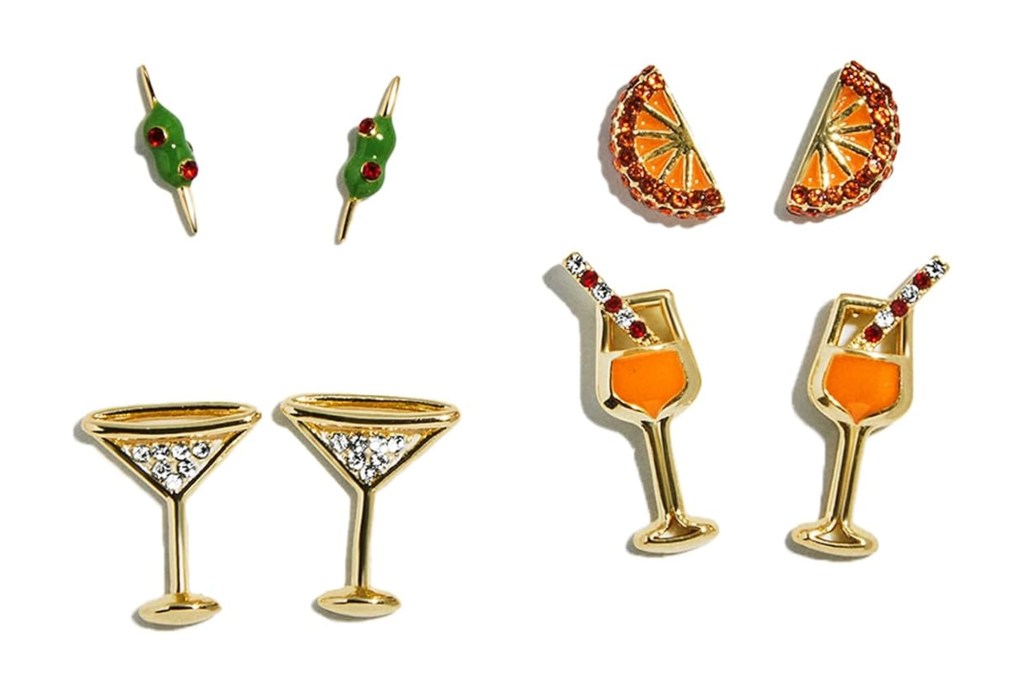 Cocktail-themed earring set including martini glasses, olives, orange slices, and orange cocktails.