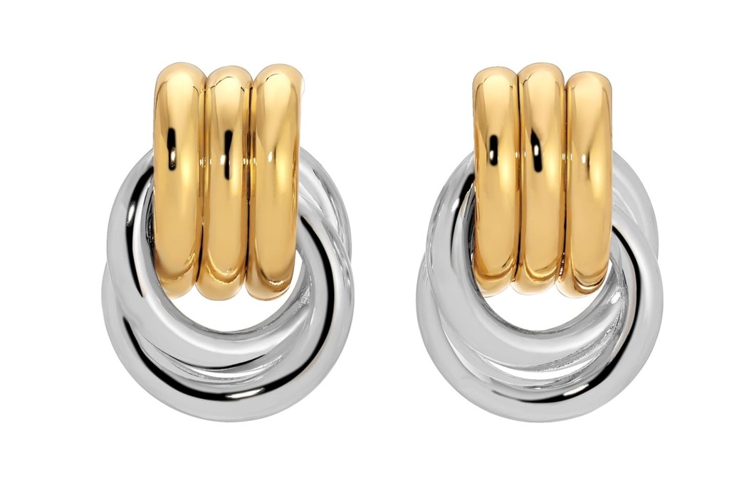 Pair of earrings with three gold rings intertwined with two silver rings.