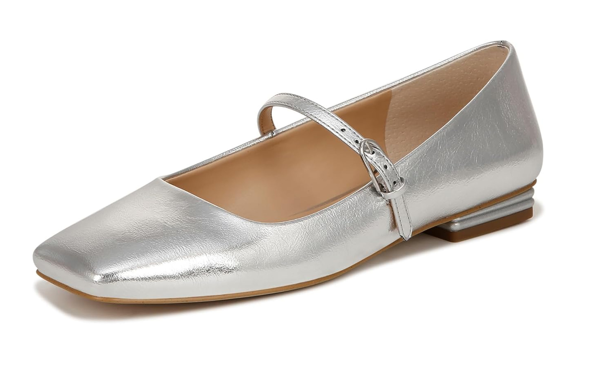 Silver metallic flat shoe with a square toe and strap across the arch.