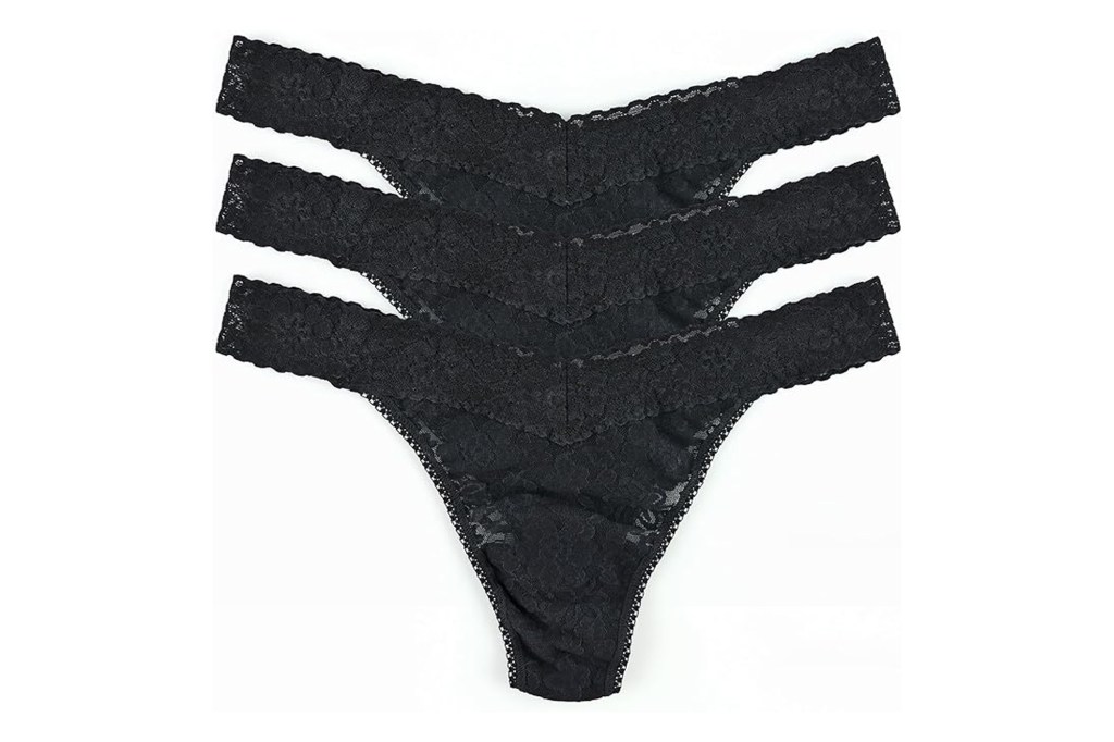 Three black lace thong panties.