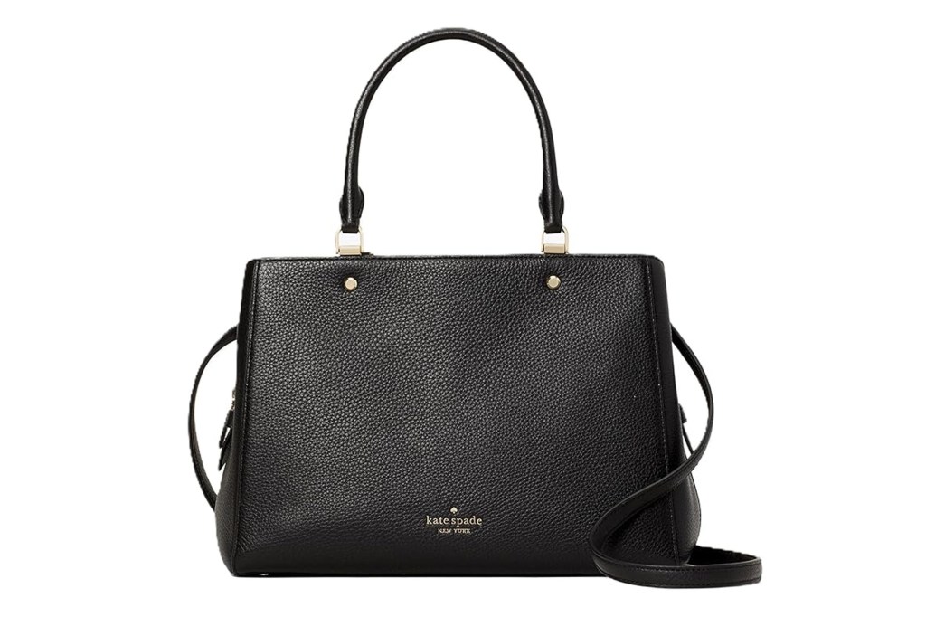 Black Kate Spade New York pebbled leather satchel with a removable shoulder strap.