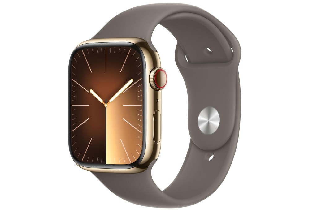 Gold Apple Watch with a brown sport band and a brown-to-tan gradient face.
