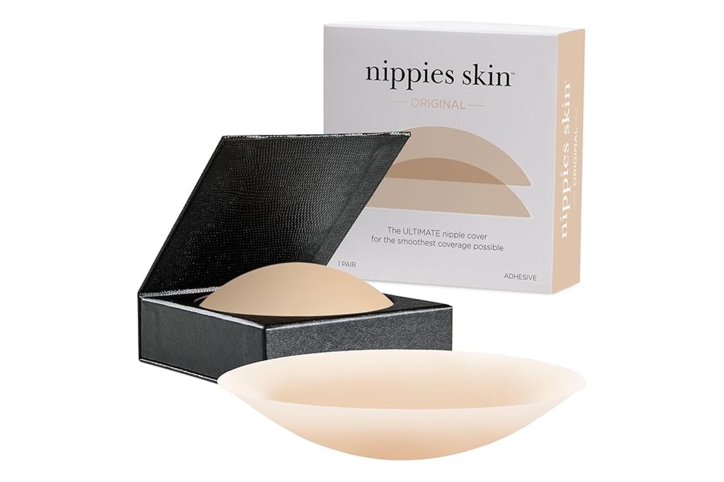 Nippies Skin nipple covers in a box, with two covers shown.