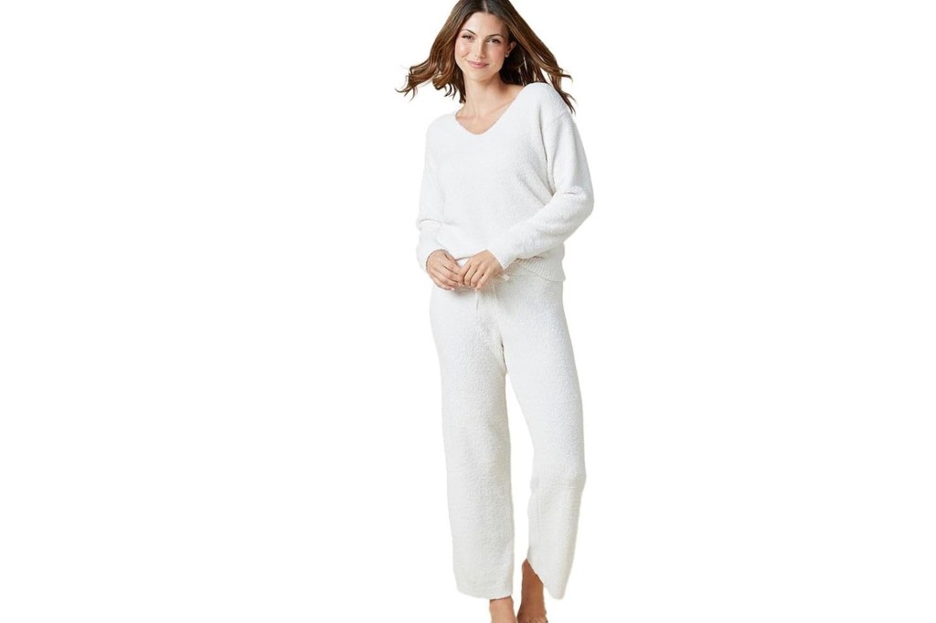 Woman wearing a white soft knit loungewear set Softies