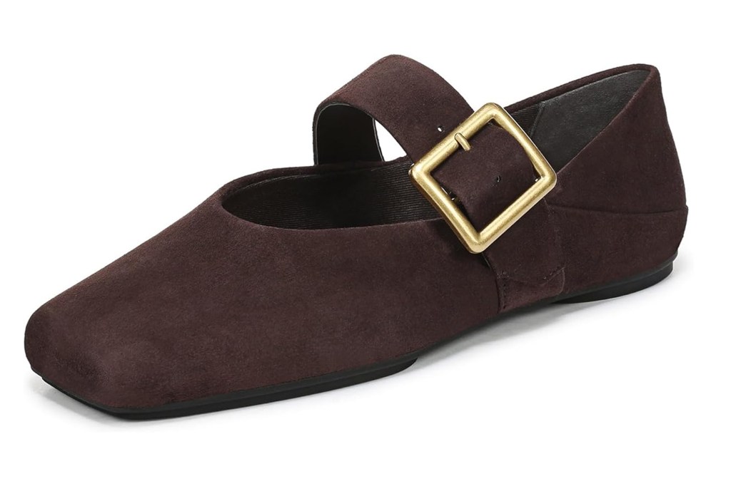 Dark brown suede flat shoe with a square toe and a gold buckle strap.