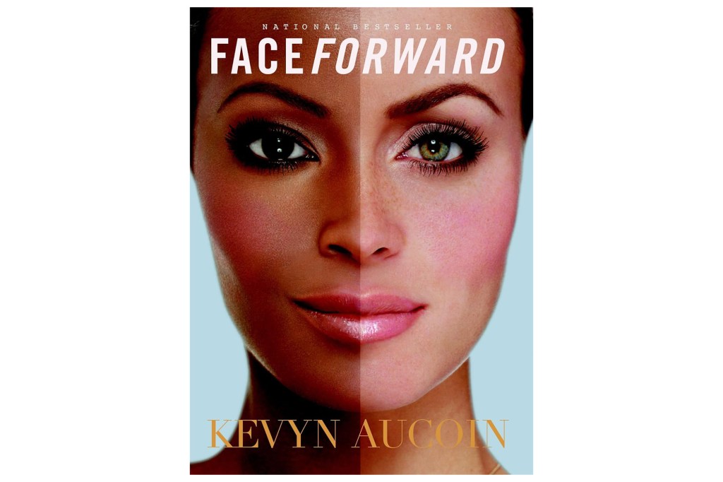 Book cover for "Face Forward" by Kevyn Aucoin featuring a model's face split down the middle with different makeup looks.