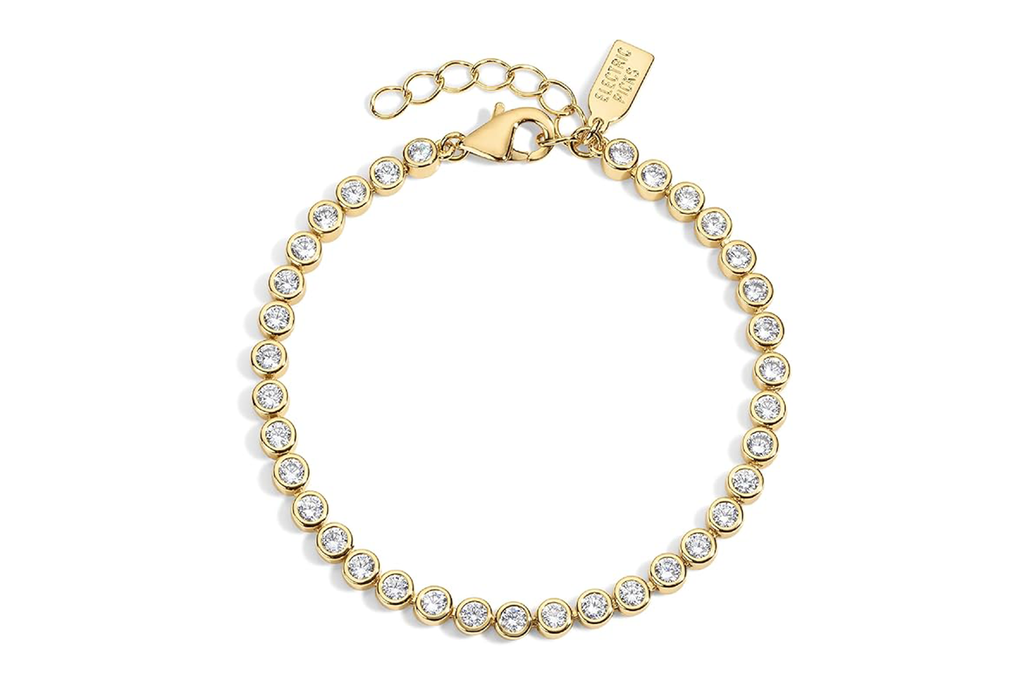 Gold tennis bracelet with bezel-set round white stones and a lobster clasp.