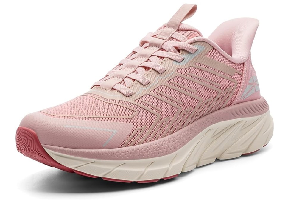 A light pink athletic sneaker with a thick white sole.