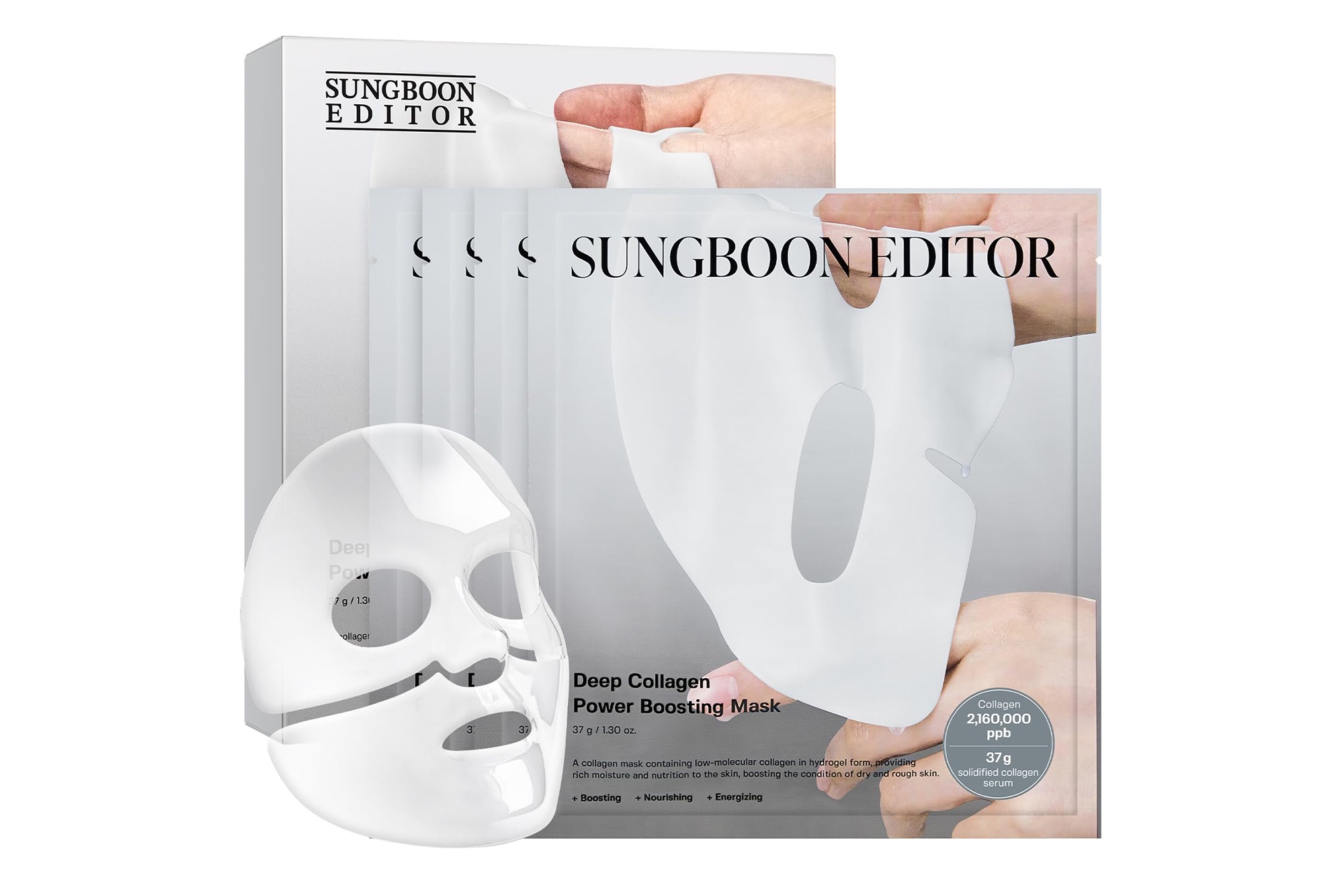 Sungboon Editor Deep Collagen Power Boosting Mask box with several individual mask packages and a single mask in the foreground.