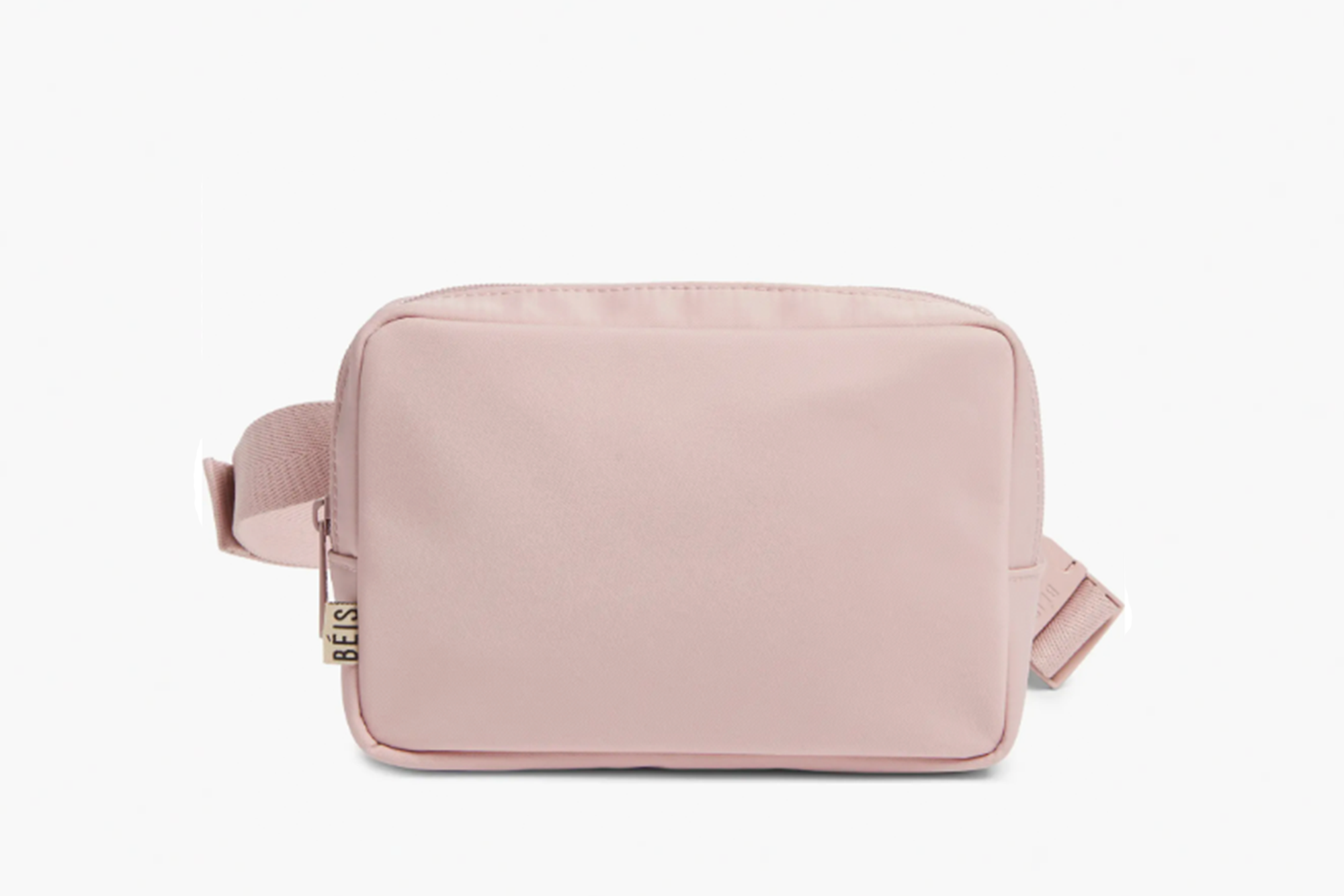 Pink BEIS belt bag with a zipper.