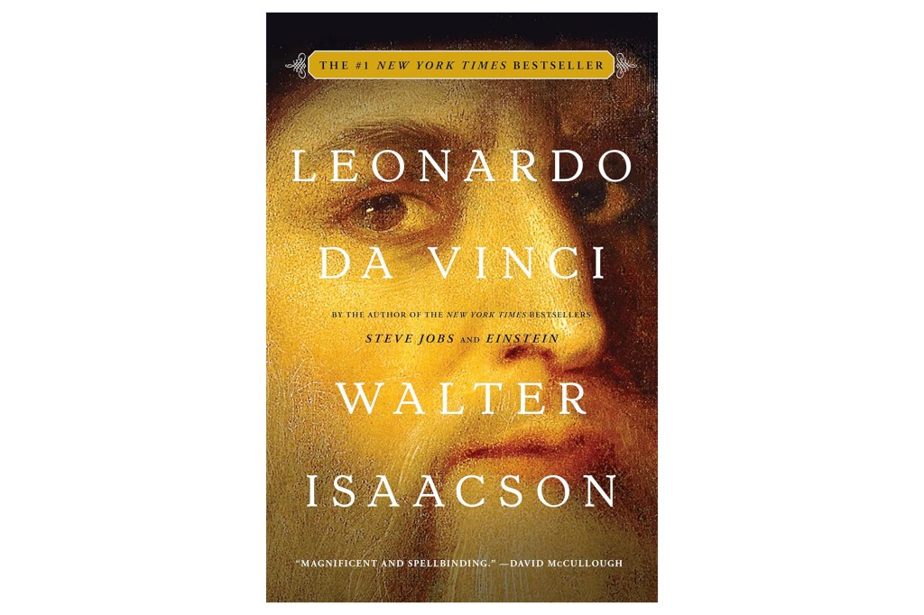 Book cover for "Leonardo da Vinci" by Walter Isaacson, featuring a close-up of a painting of Leonardo da Vinci.