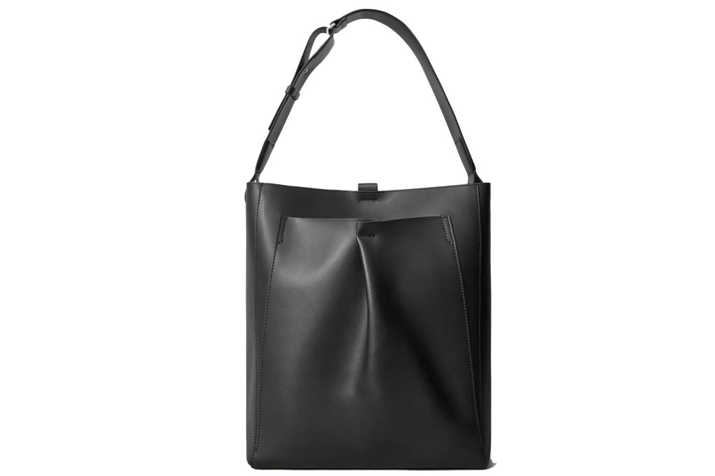 Black leather shoulder bag with a front pocket.