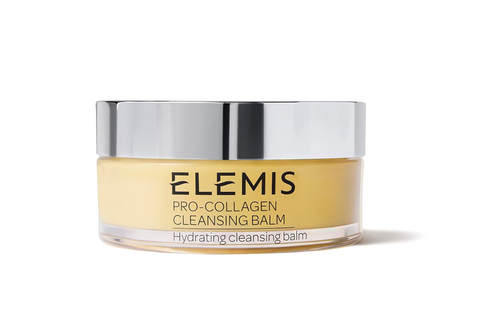 A clear glass jar of Elemis Pro-Collagen Cleansing Balm with a silver lid.