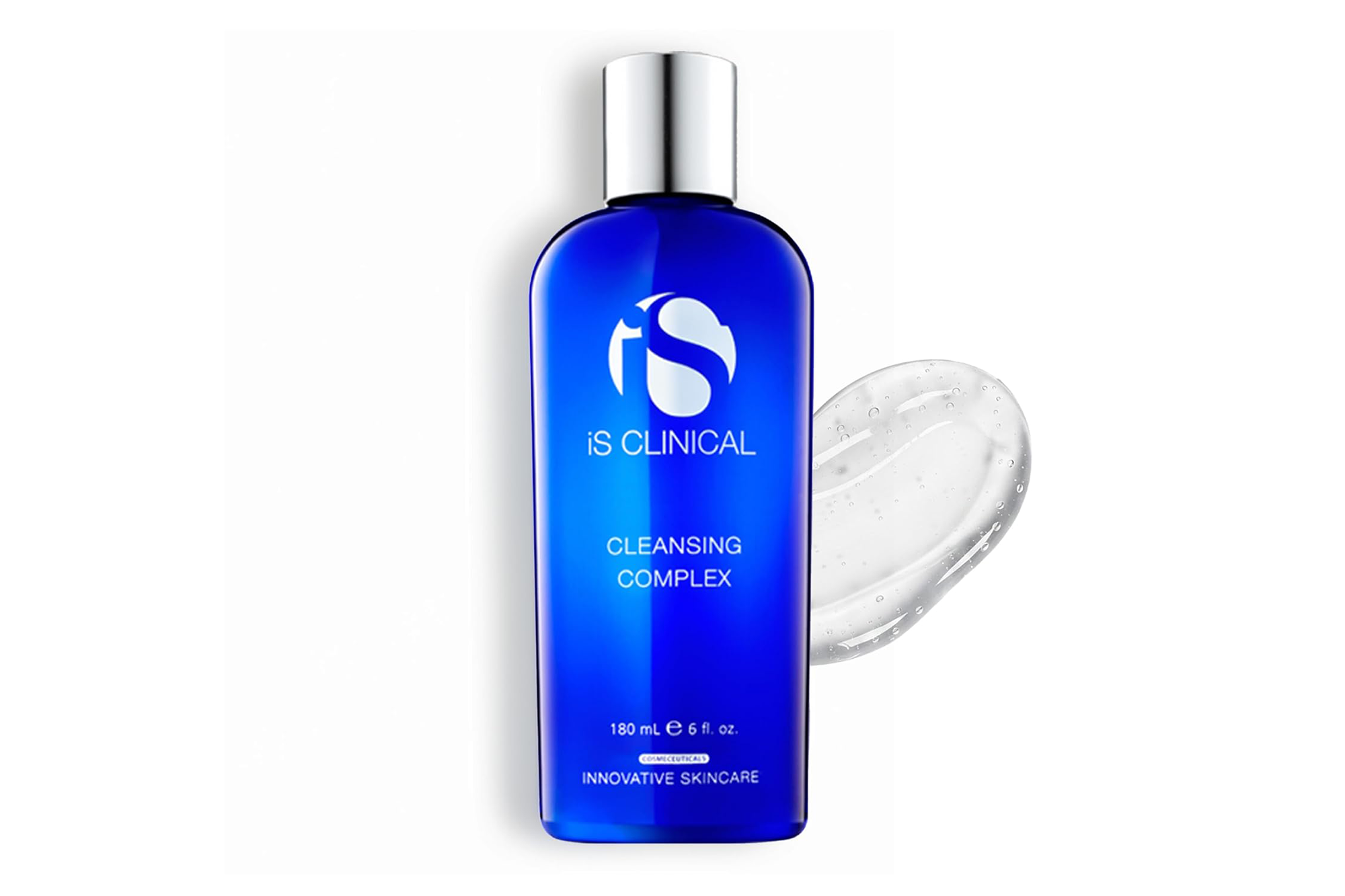 iS Clinical Cleansing Complex bottle with a swatch of the clear gel cleanser.