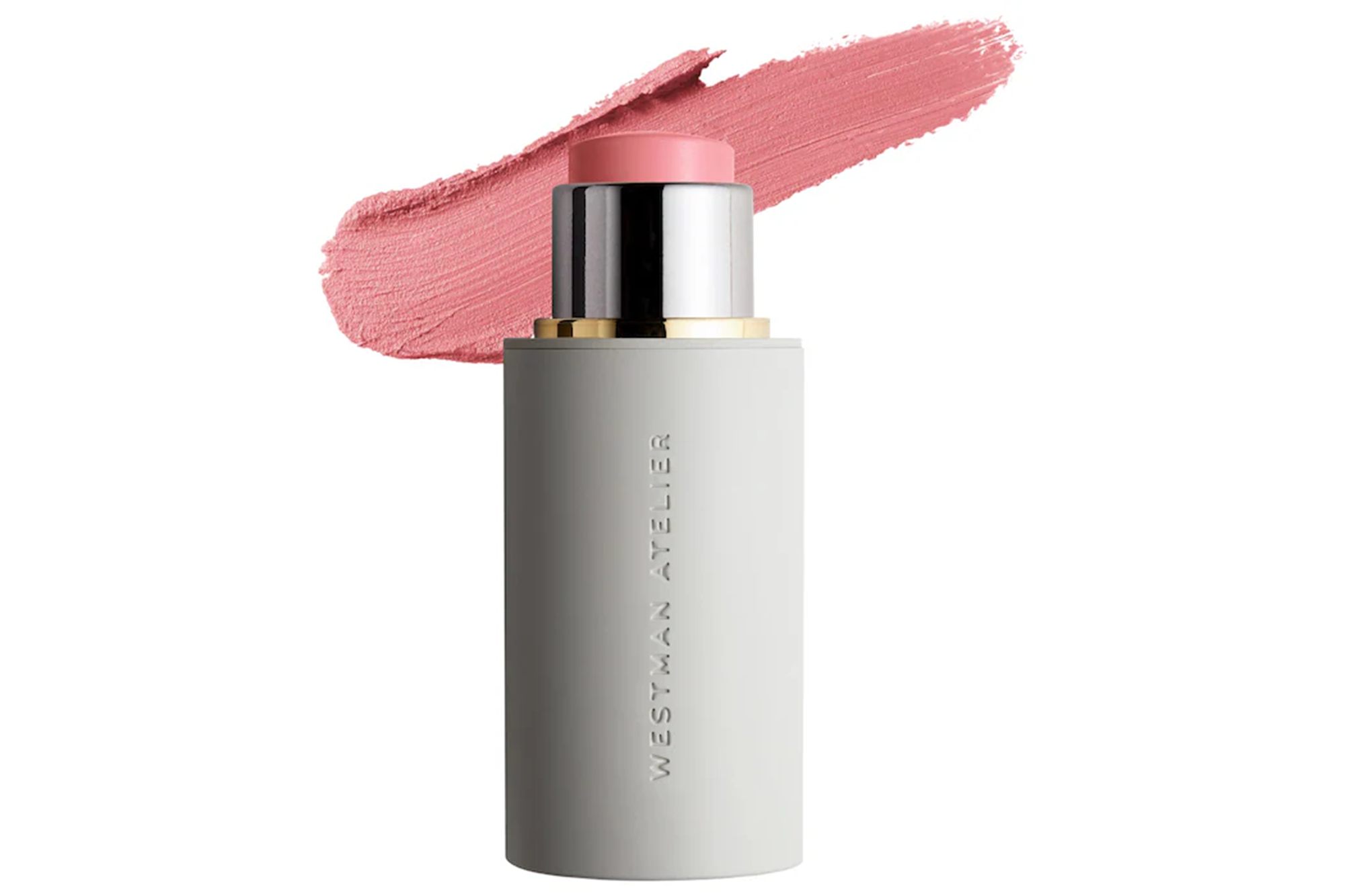 Westman Atelier blush stick in "Petal" color with a matching swatch.