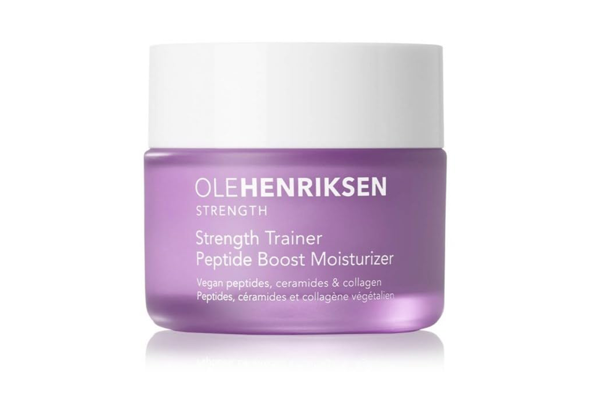 OLEHENRIKSEN Strength Trainer Peptide Boost Moisturizer in a purple jar with a white lid.