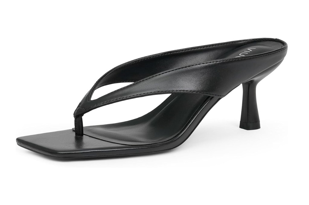 Black open-toed high heel sandal.