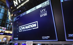 NEW YORK, NEW YORK - FEBRUARY 20: The Live Nation company logo is displayed on the floor of the New York Stock Exchange.