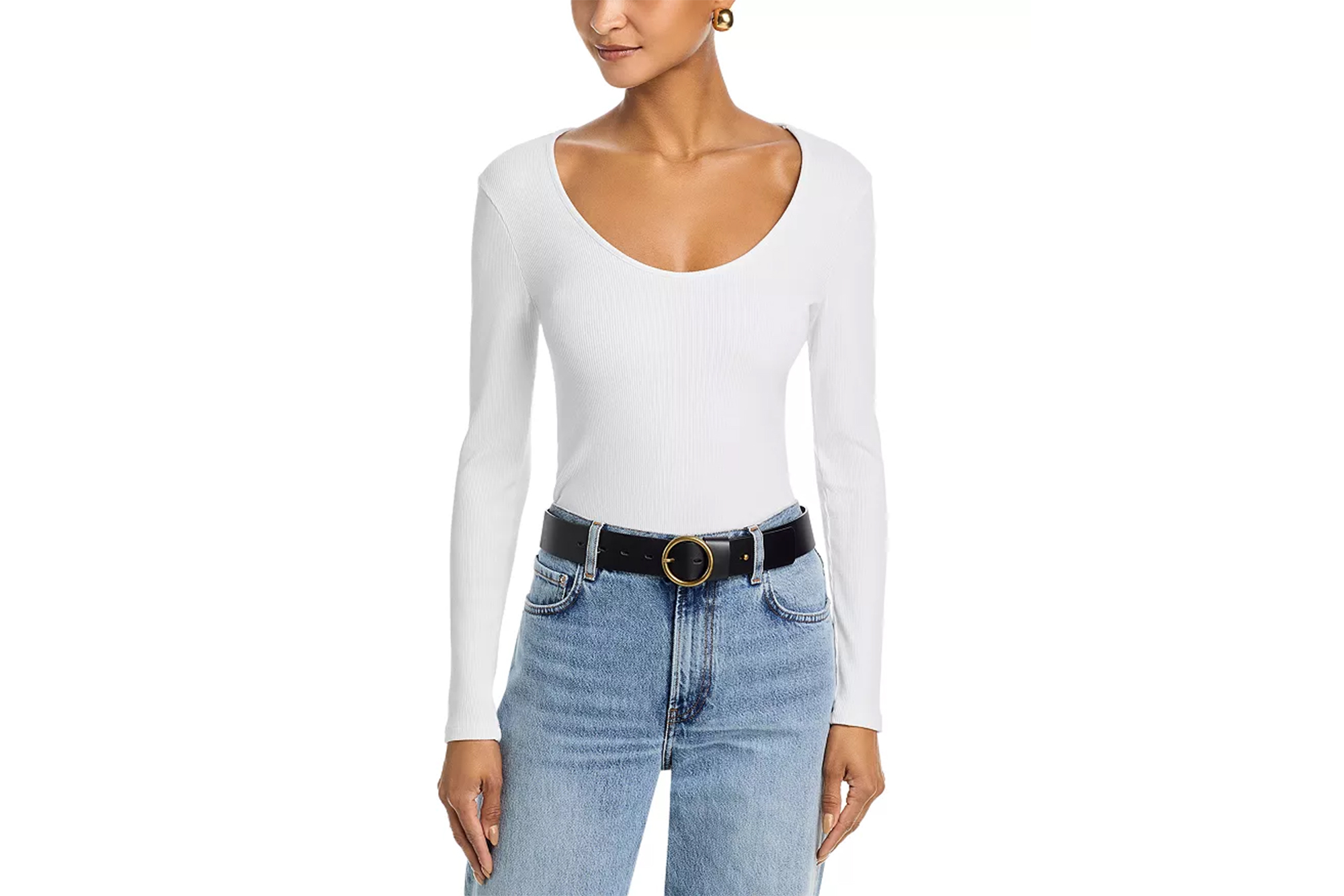 A woman models a white L'Agence tee.