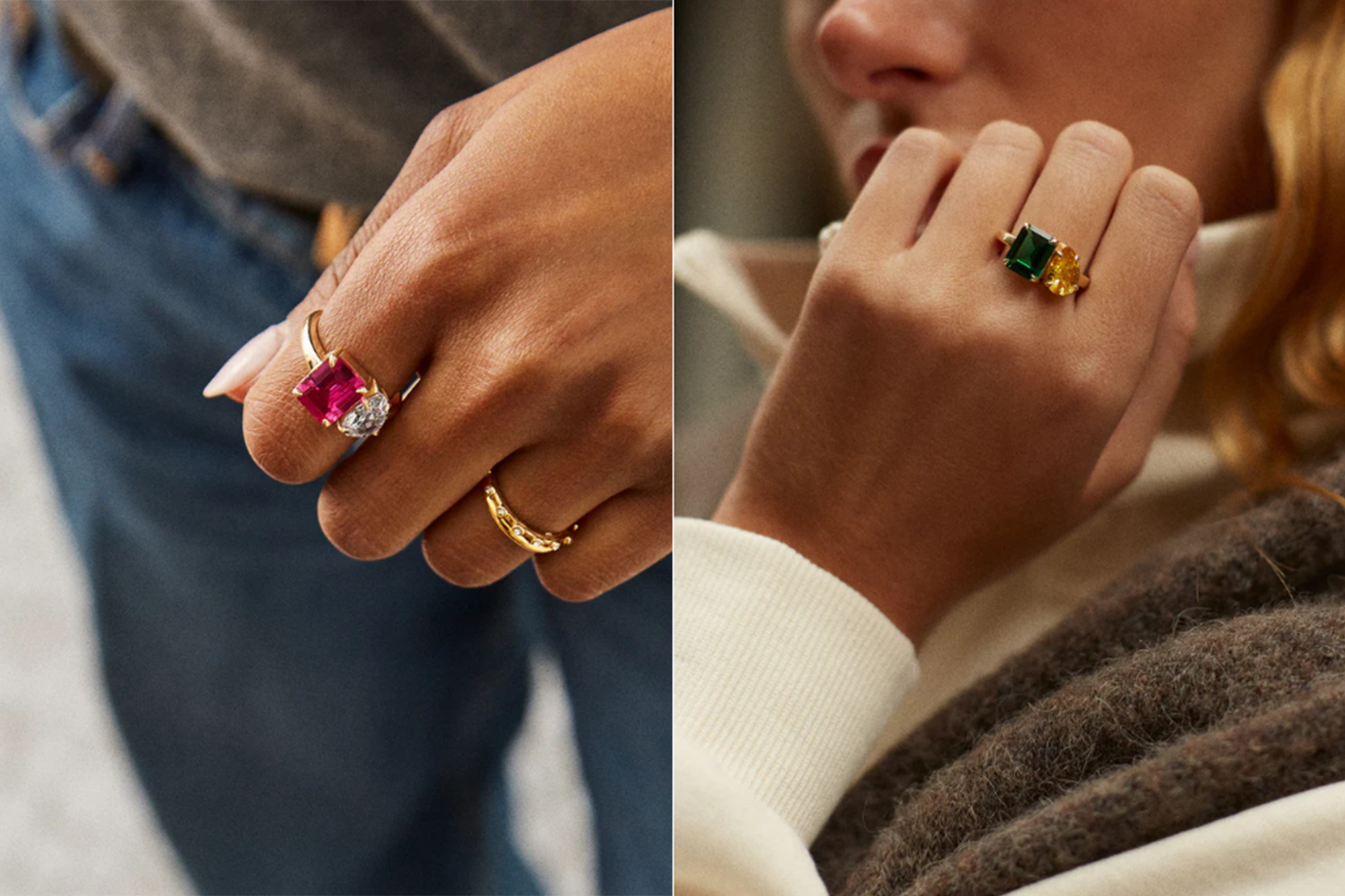 Collage of a hand wearing a pink and clear gemstone ring and a hand wearing a green and yellow gemstone ring.