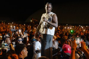 BRIDGEVIEW, ILLINOIS - JUNE 22: Young Thug jumps into the crowd during the 2025 Lyrical Lemonade Summer Smash at SeatGeek Stadium on June 22, 2025 in Bridgeview, Illinois. (Photo by Barry Brecheisen/Getty Images)